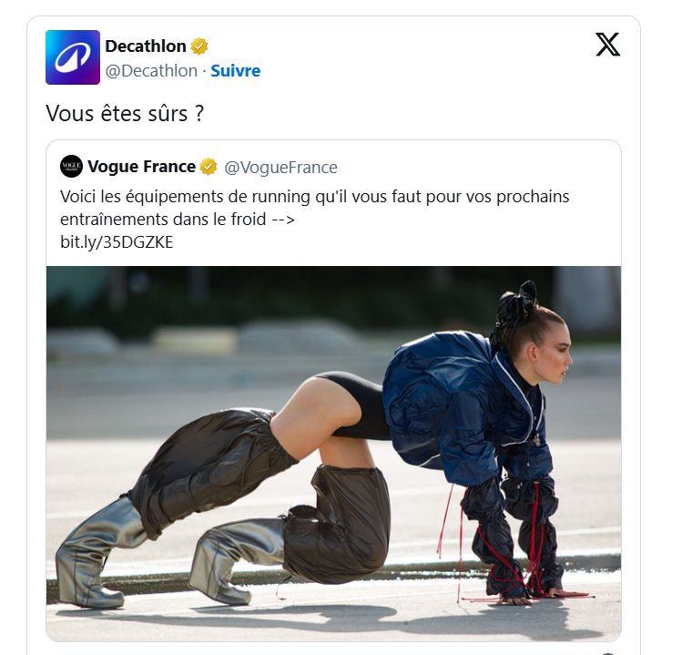 Tweet Decathlon repondant Vous etes surs a une publication de Vogue France