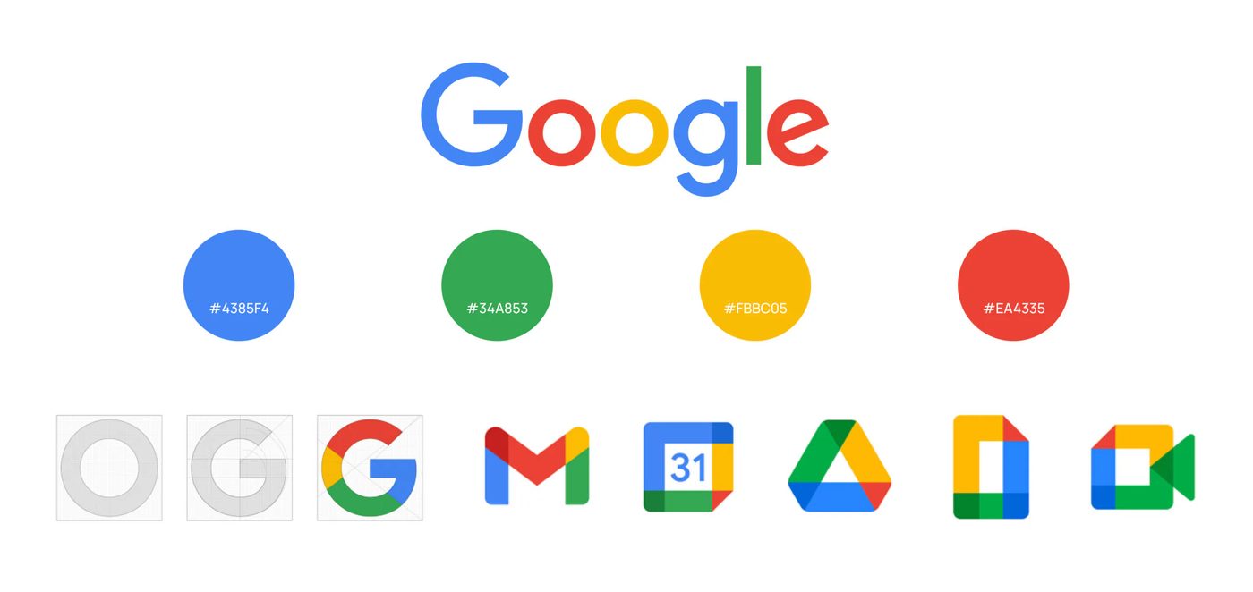 Logotype Google, ses quatre couleurs avec leurs codes hexadecimaux, et les icones de la suite