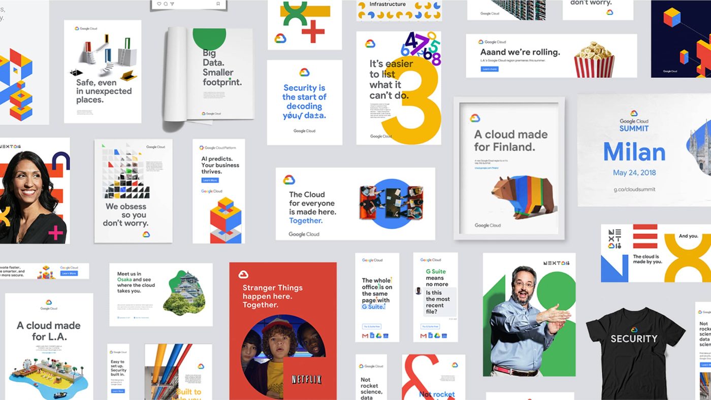 Mur de supports Google Cloud utilisant tous le meme systeme de couleurs et de formes