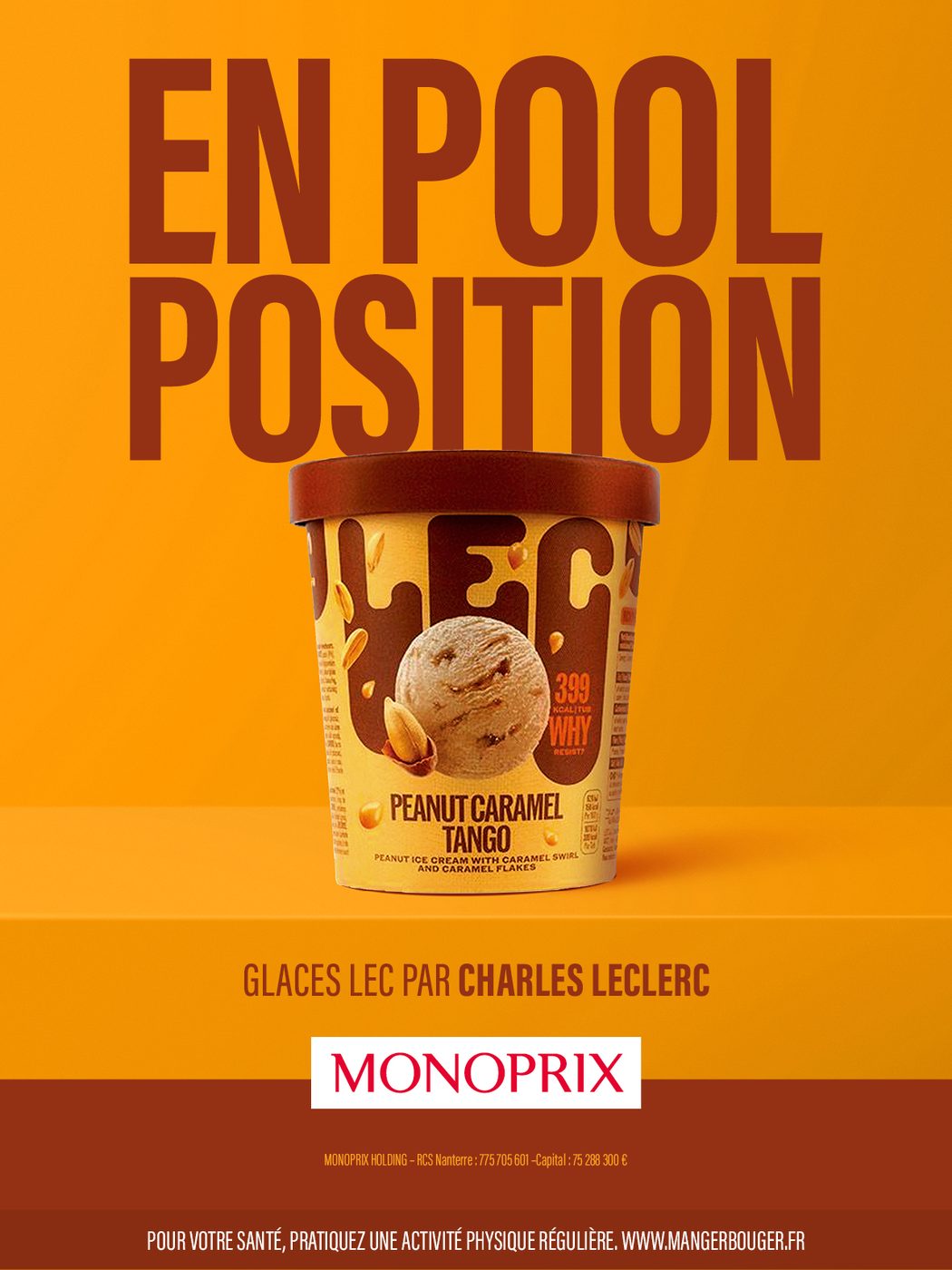 Affiche Monoprix En pool position, typographie geante sur aplat orange