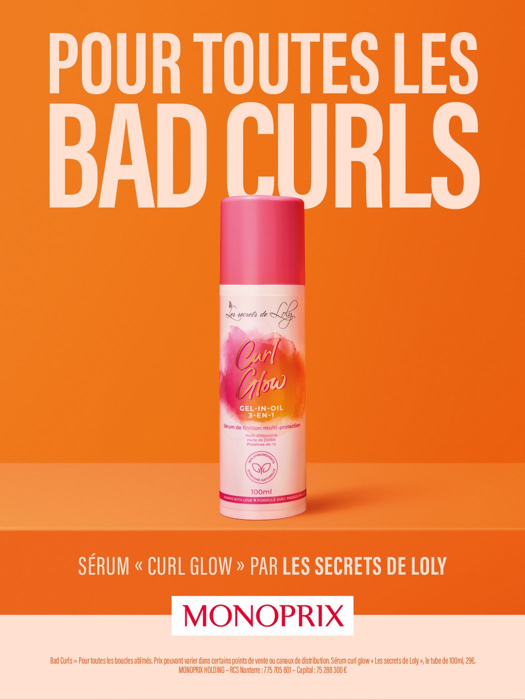 Affiche Monoprix Pour toutes les bad curls, typographie geante sur aplat orange