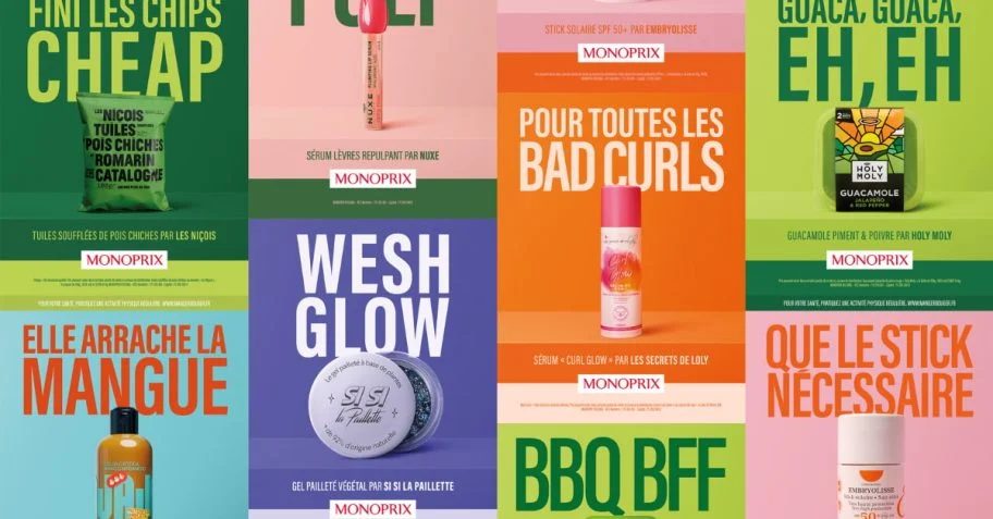 Serie de visuels Monoprix montrant le meme gabarit decline en huit couleurs
