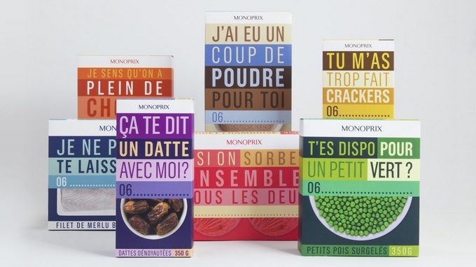 Packagings Monoprix portant des phrases de drague en typographie