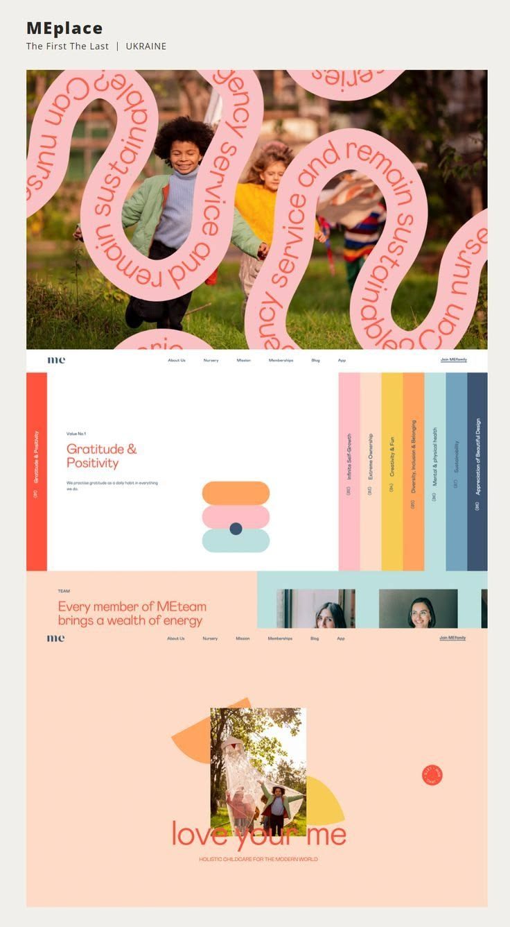 Site web avec un fil rose portant un texte curviligne au-dessus d'une photo d'enfants