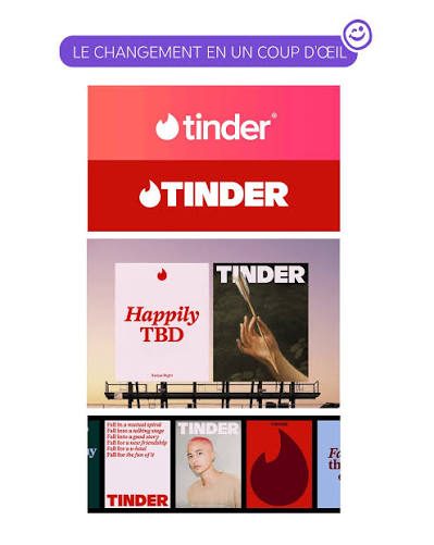 Comparaison avant et apres du rebranding Tinder, affichage et campagne